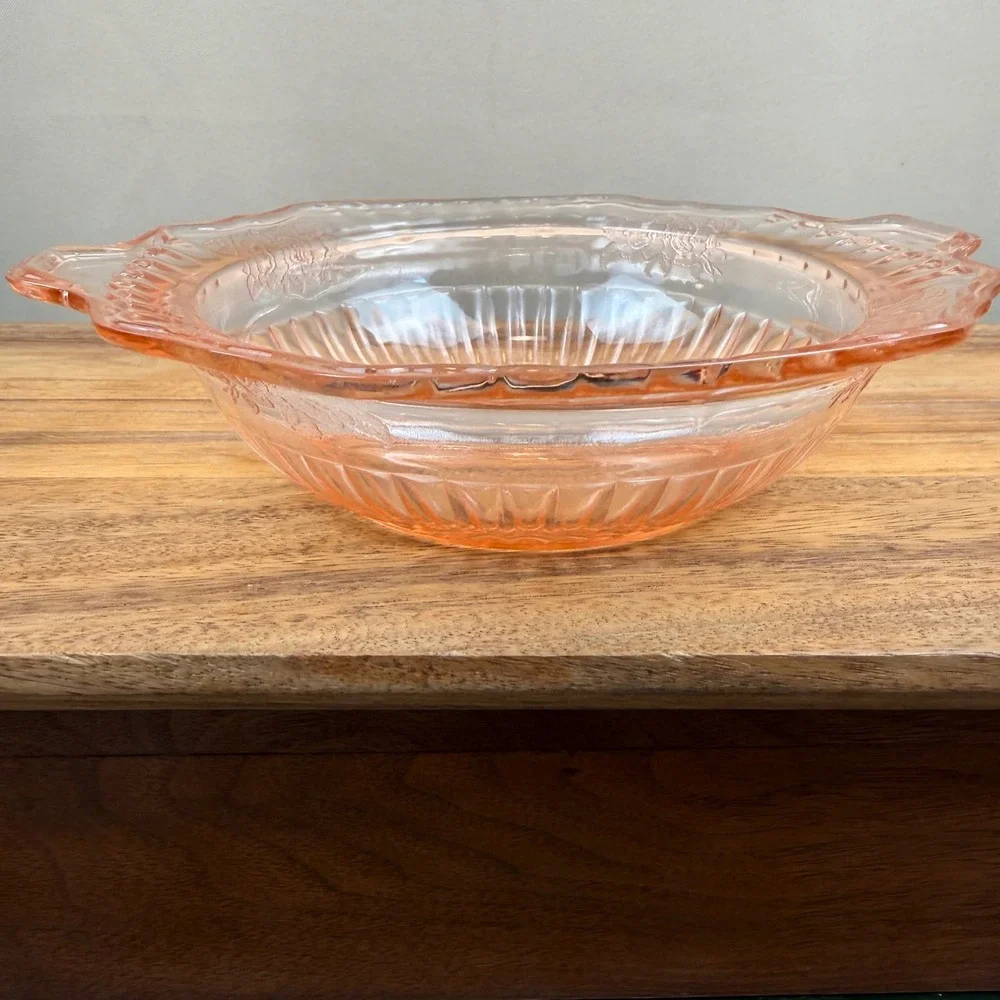 Anchor Hocking Mayfair Open Rose Pink Depression Glass Bowl Tab Handles 9.5